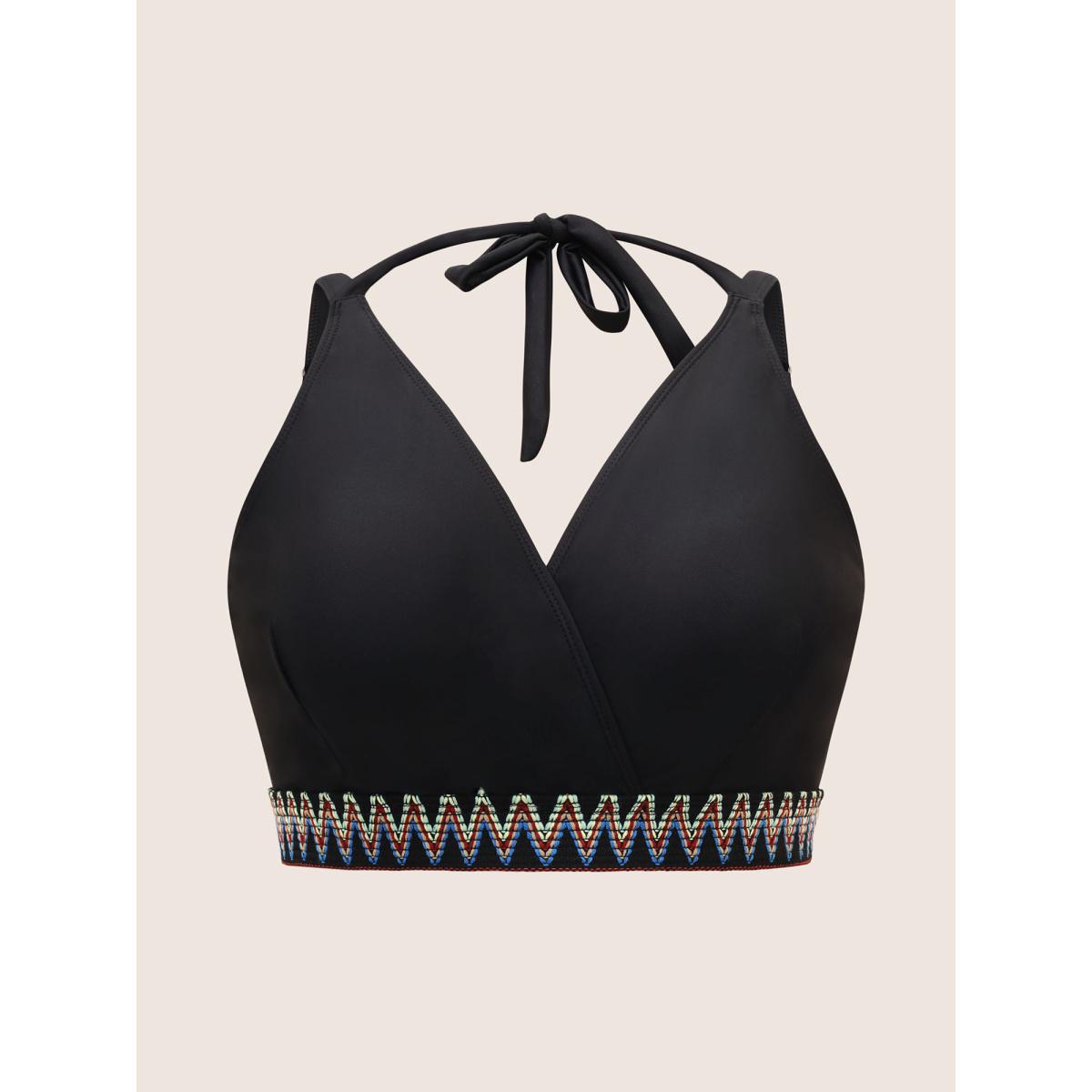 Plus Size Embroidered Wrap Tie Knot Swim Top Women's Swimwear Black Beach Woven ribbon&lace trim High stretch Skinny Overlap Collar Curve Swim Tops BloomChic 14-16/1X Product Image