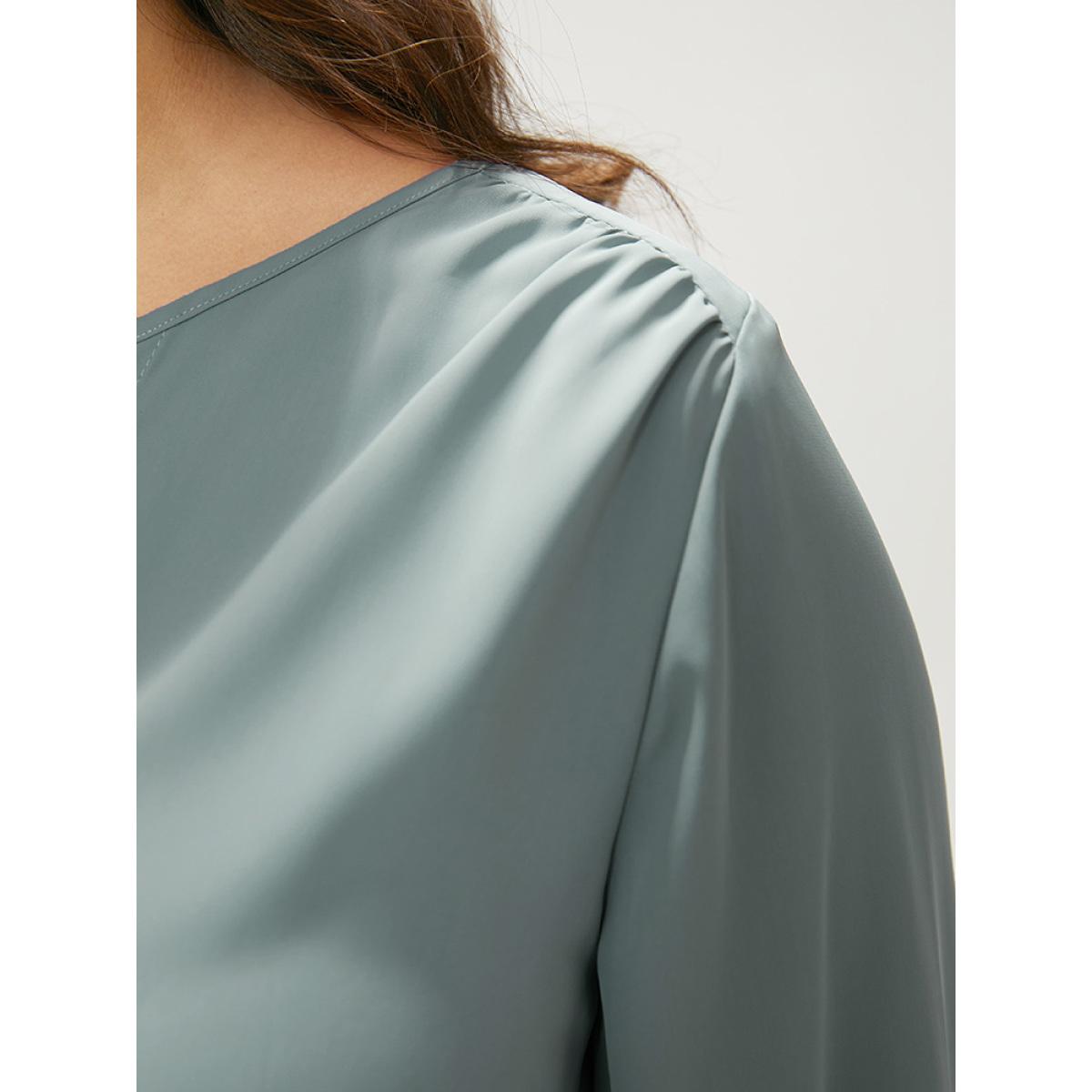 Plus Size SlateGray Solid Tie Neck Gathered Blouse Women Office Long Sleeve Tie Neck Office Blouses BloomChic 22-24/3X Product Image