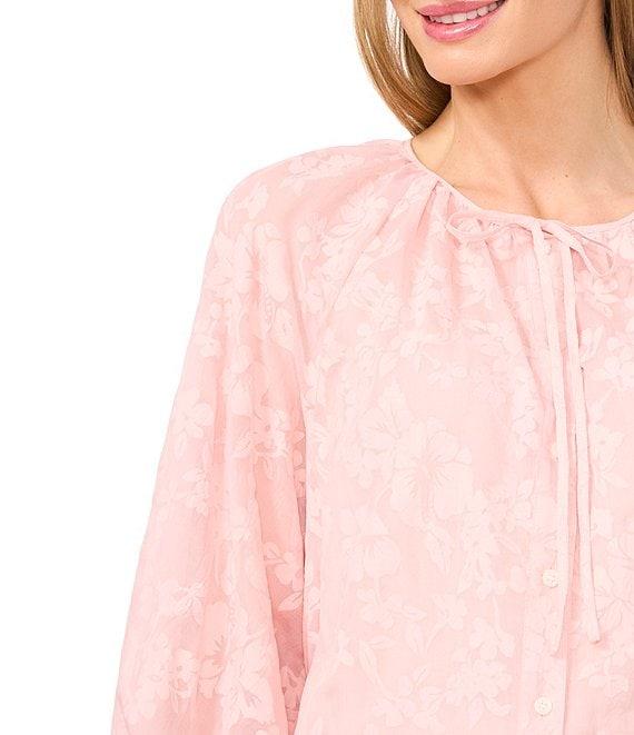 CeCe Woven Floral Round Neck Long Puff Sleeve Button Front Blouse Product Image