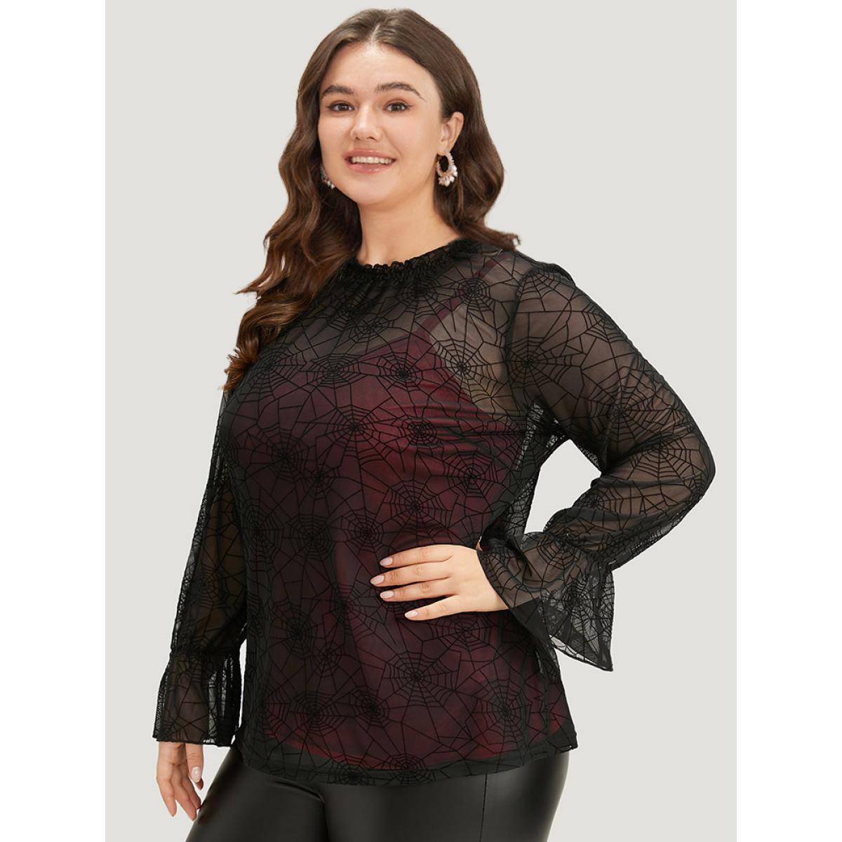 Plus Size Black Halloween Spider Web Mesh Bell Sleeve Blouse Women Elegant Long Sleeve Halter neck Festival-Halloween Blouses BloomChic 12/L Product Image