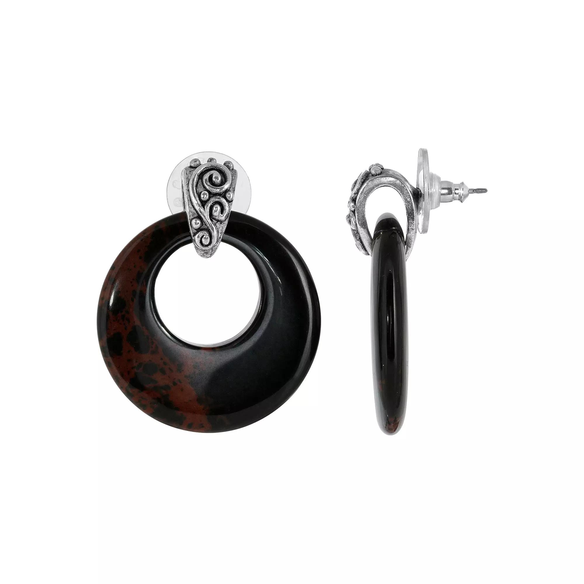 1928 Pewter Stone Round Doorknocker Drop Earrings, Women's, Brown Product Image