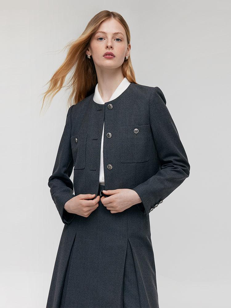 Wool Blend Crop Jacket And A-Line Skirt Two-Piece Set With Leather Bel Product Image