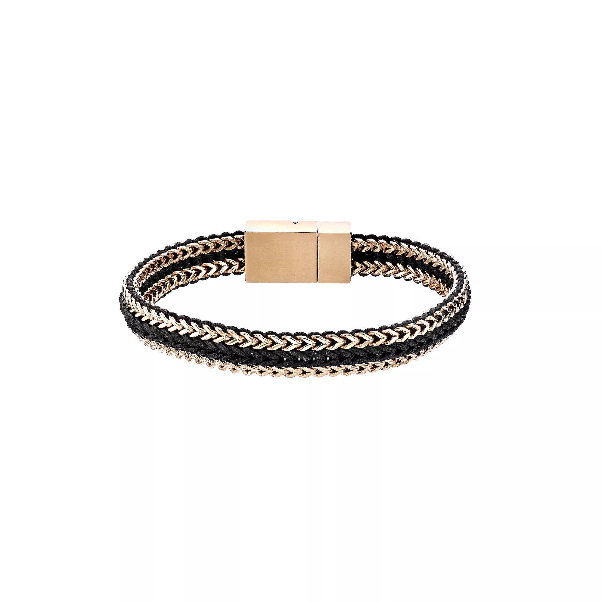 Men's LYNX Gold Ion-Plated Stainless Steel Black Cord Bracelet, Size: 8.5", Gold Tone Product Image