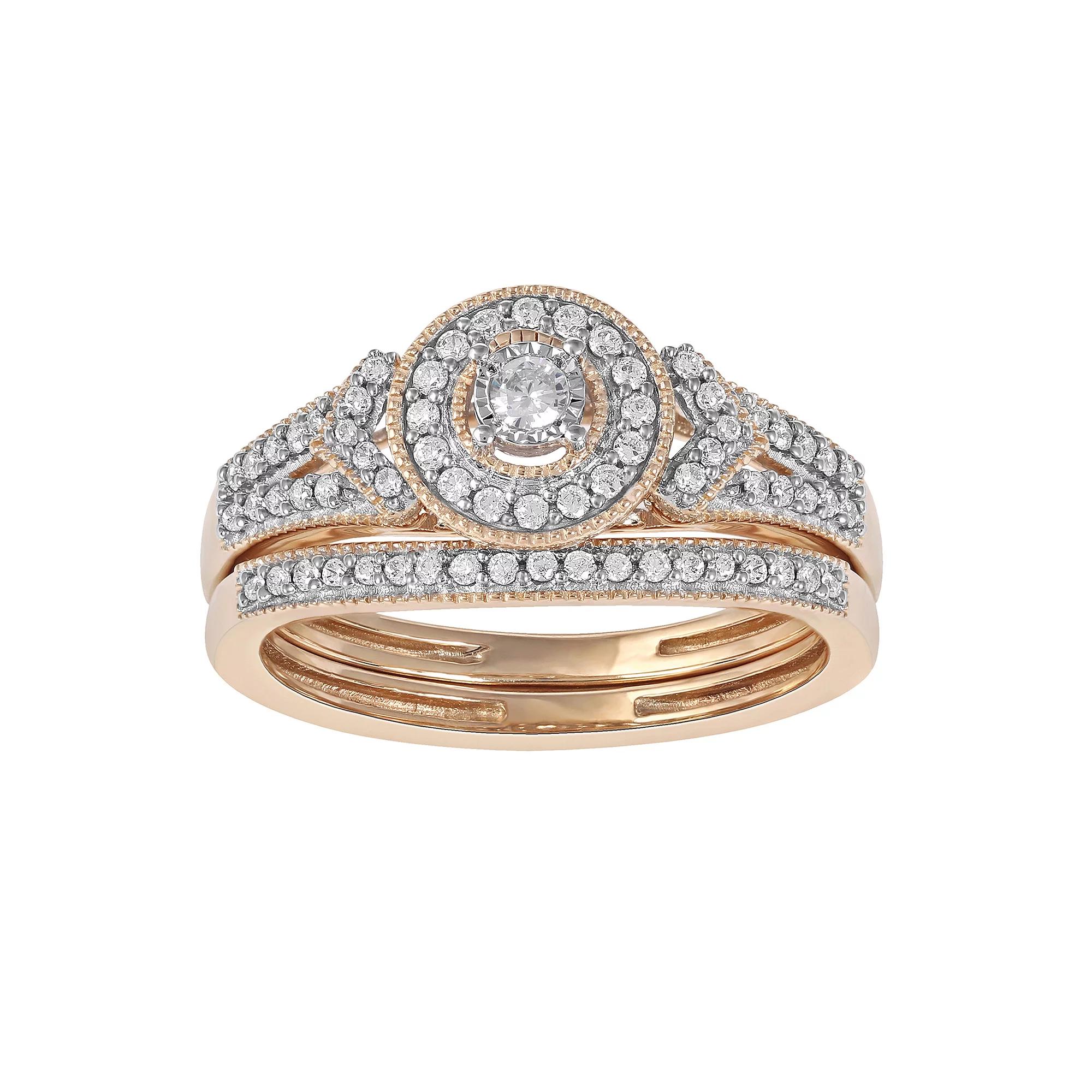 DeCouer 1/3 Carat T.W. Diamond Halo Engagement Ring Set, Women's, Size: 6, Gold Tone Product Image