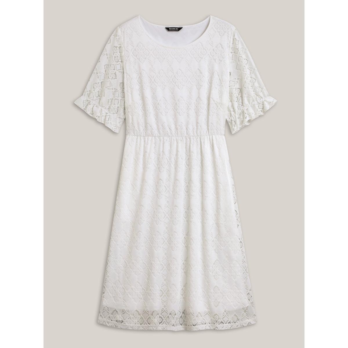 Plus Size Textured Ruffled Sleeve Pockets Midi Dress Ivory Women Elegant Texture Round Neck Short sleeve Curvy BloomChic 30/6X Product Image