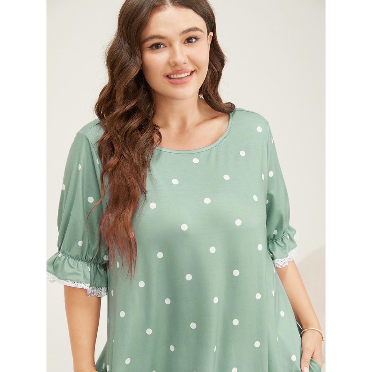 Plus Size Polka Dot Lace Ruffle Trim Pocket Sleep Dress Women Sage Elegant Polka Dot Lace Round Neck Pocket Loungewear BloomChic 12/L Product Image