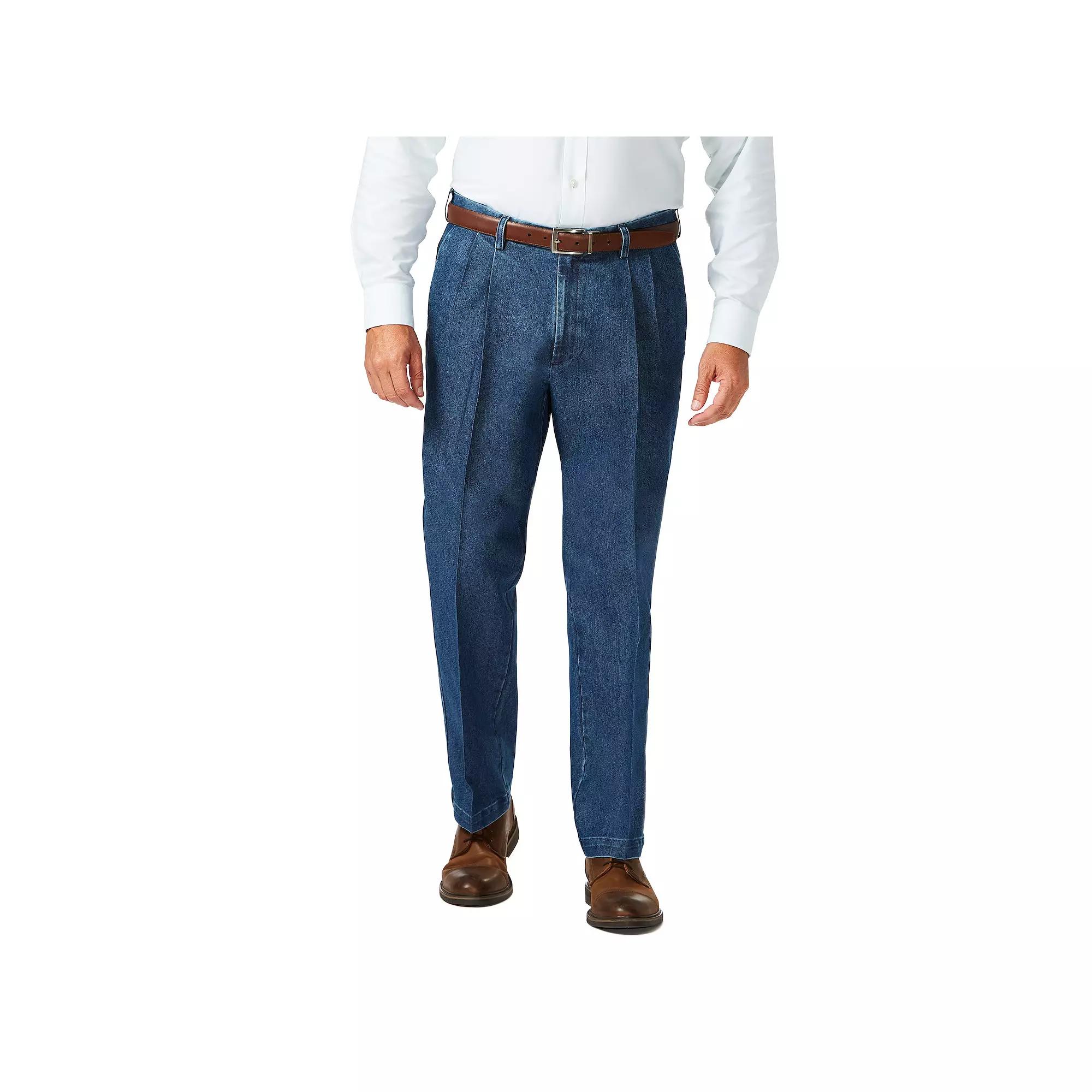 Big & Tall Haggar® Classic-Fit Stretch Expandable-Waist Pleated Jeans, Men's,  Product Image