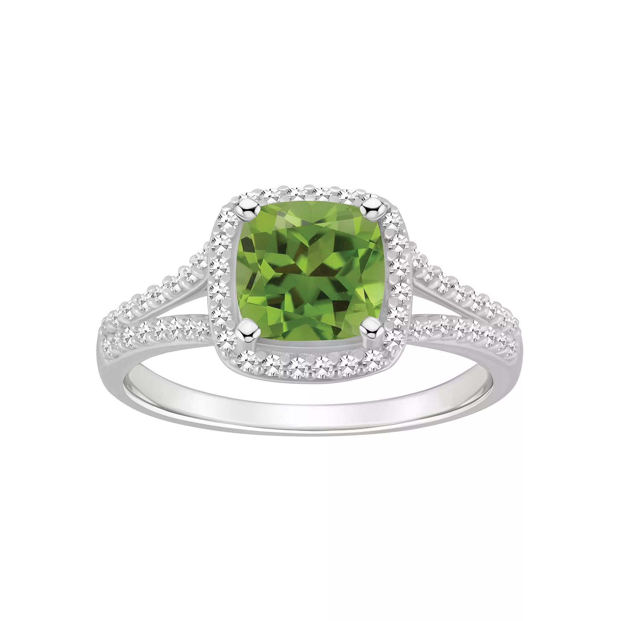 Celebration Gems Sterling Silver 7 mm Cushion Gemstone & 1/4 Carat T.W. Diamond Split Shank Ring, Women's, Size: 6, Peridot Product Image