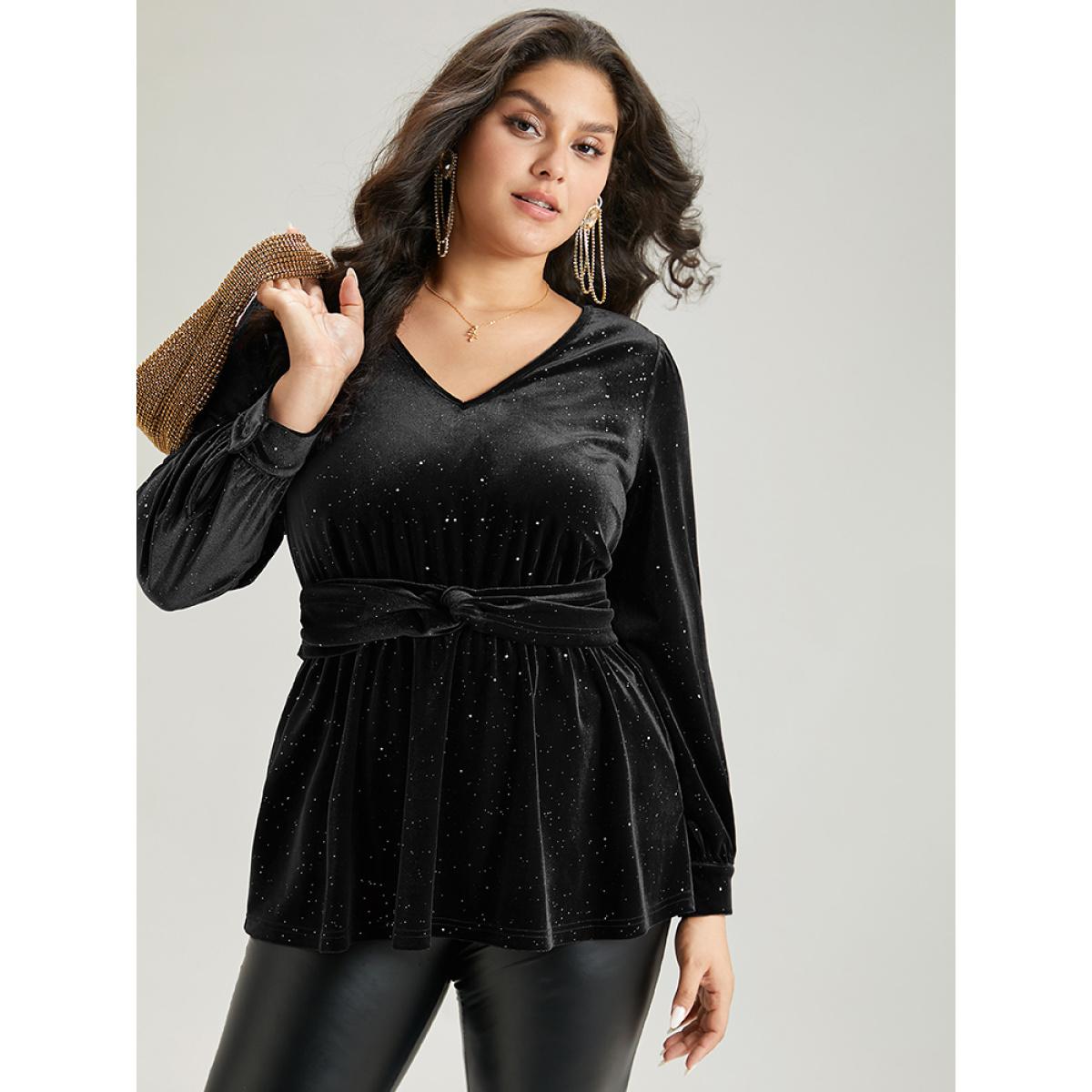 Plus Size Black Glitter Sequin Velvet Twist Front V Neck Blouse Women Cocktail Long Sleeve V-neck Party Blouses BloomChic 14-16/1X Product Image