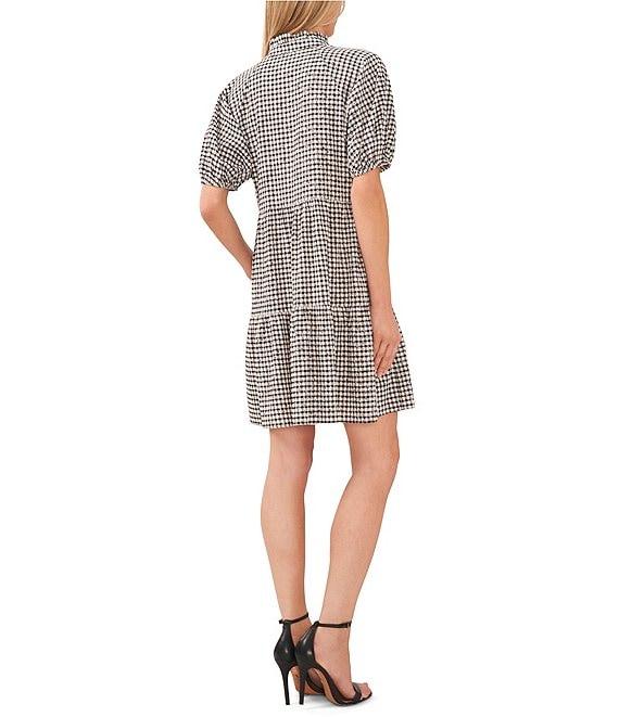 CeCe V-Neck Short Puff Sleeve Tiered Gingham Babydoll Dress Product Image