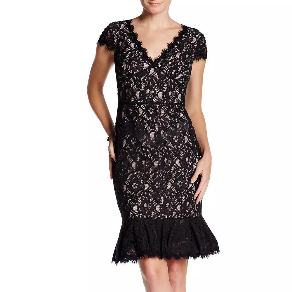 Women's Focus By Shani Short Sleeve Lace Sheath Dress, Size: 10, Black Nude Product Image