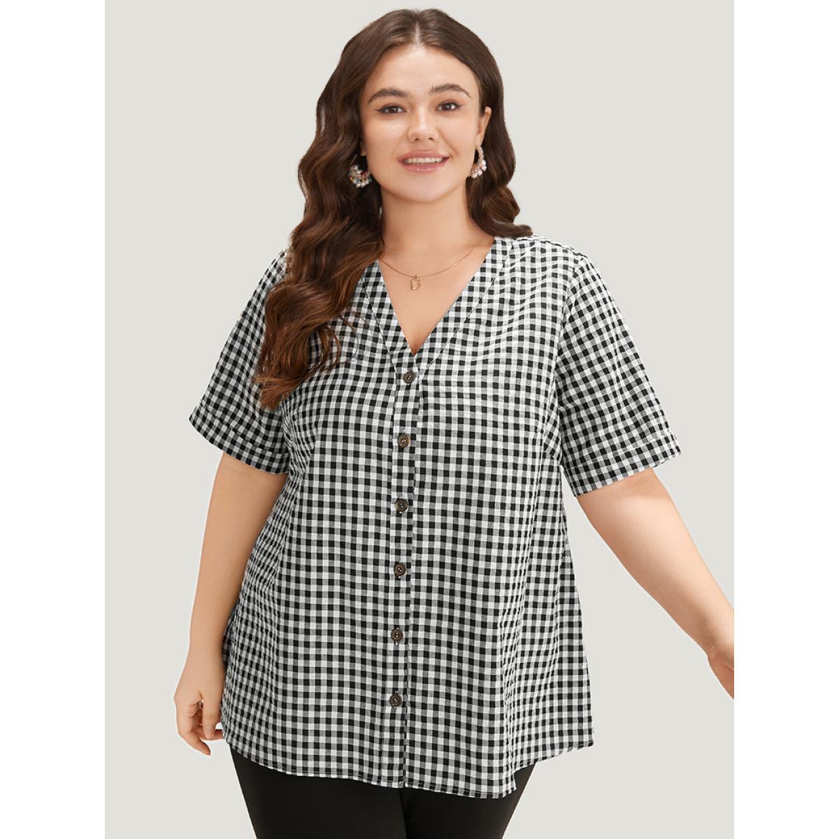Plus Size Black Gingham V Neck Button Through Blouse Women Office Short sleeve V-neck Work Blouses BloomChic 22-24/3X Product Image