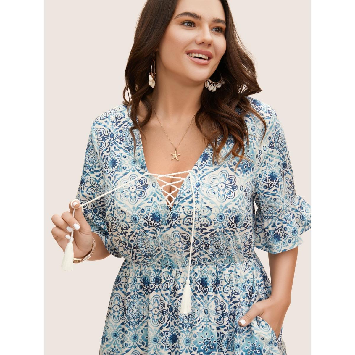 Plus Size Boho Print Tassels Trim Flutter Sleeve Dress DarkBlue Women Resort Wraparound straps V-neck Half Sleeve Curvy BloomChic 18-20/2X Product Image
