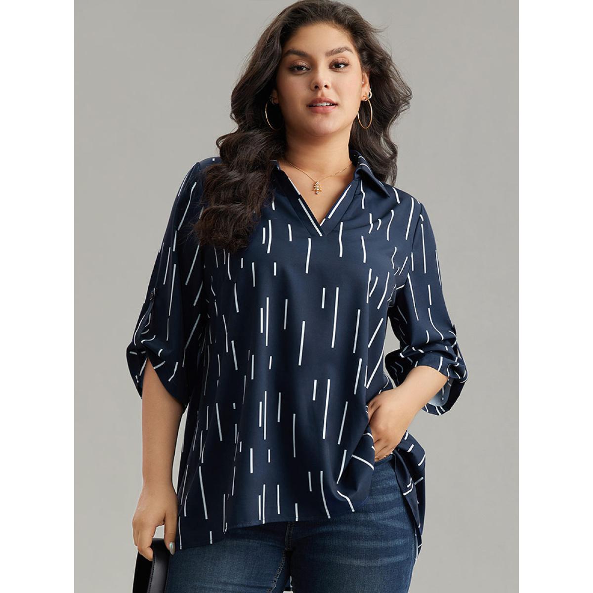 Plus Size Indigo Geometric Shirt Collar Roll Tab Sleeve Blouse Women Office Elbow-length sleeve Shirt collar Office Blouses BloomChic 14-16/1X Product Image