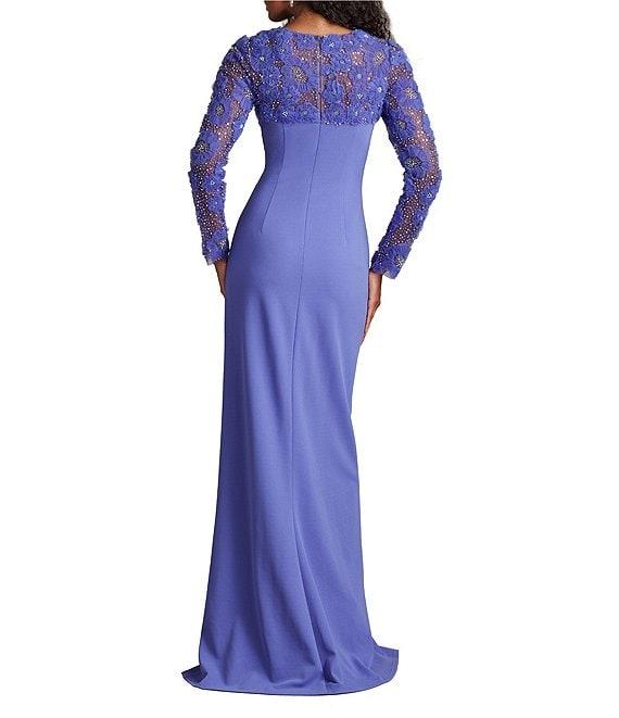 Tadashi Shoji 3D Floral Embroidered Crepe Bateau Neck Long Sleeve Side Ruched Sheath Gown Product Image