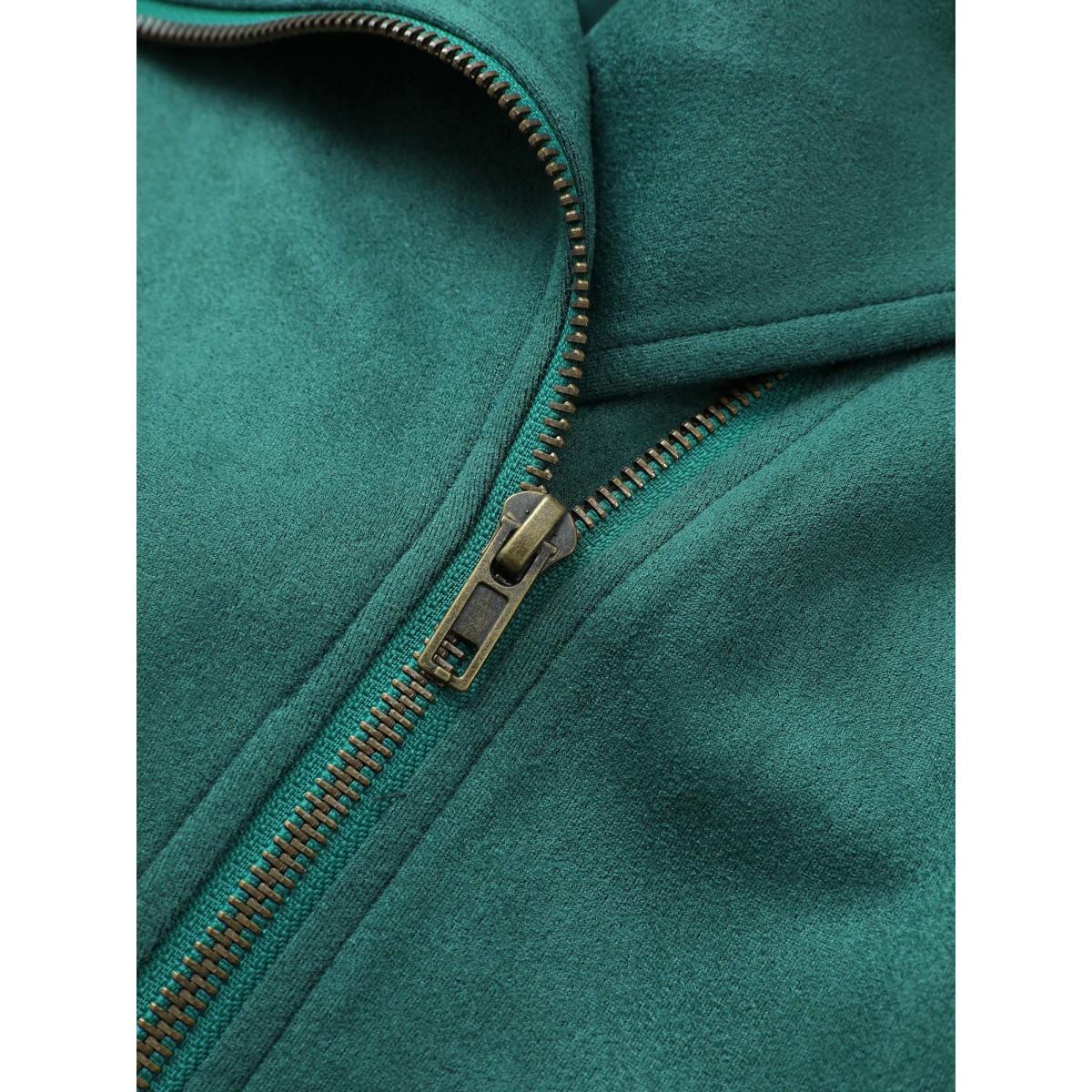 Plus Size Solid Faux Suede Zipper Lapel Collar Jacket Women Emerald Non Zippered pocket Everyday Jackets BloomChic 18-20/2X Product Image