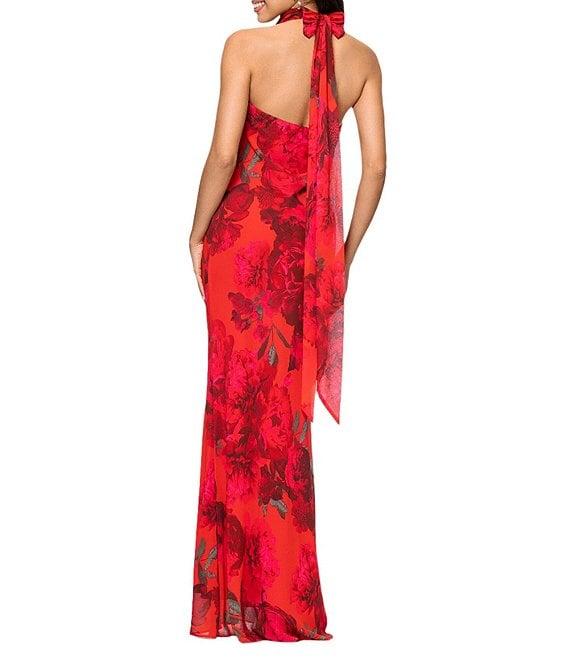 Betsy & Adam Chiffon Floral Print Halter Cowl Neck Sleeveless Sheath Gown Product Image