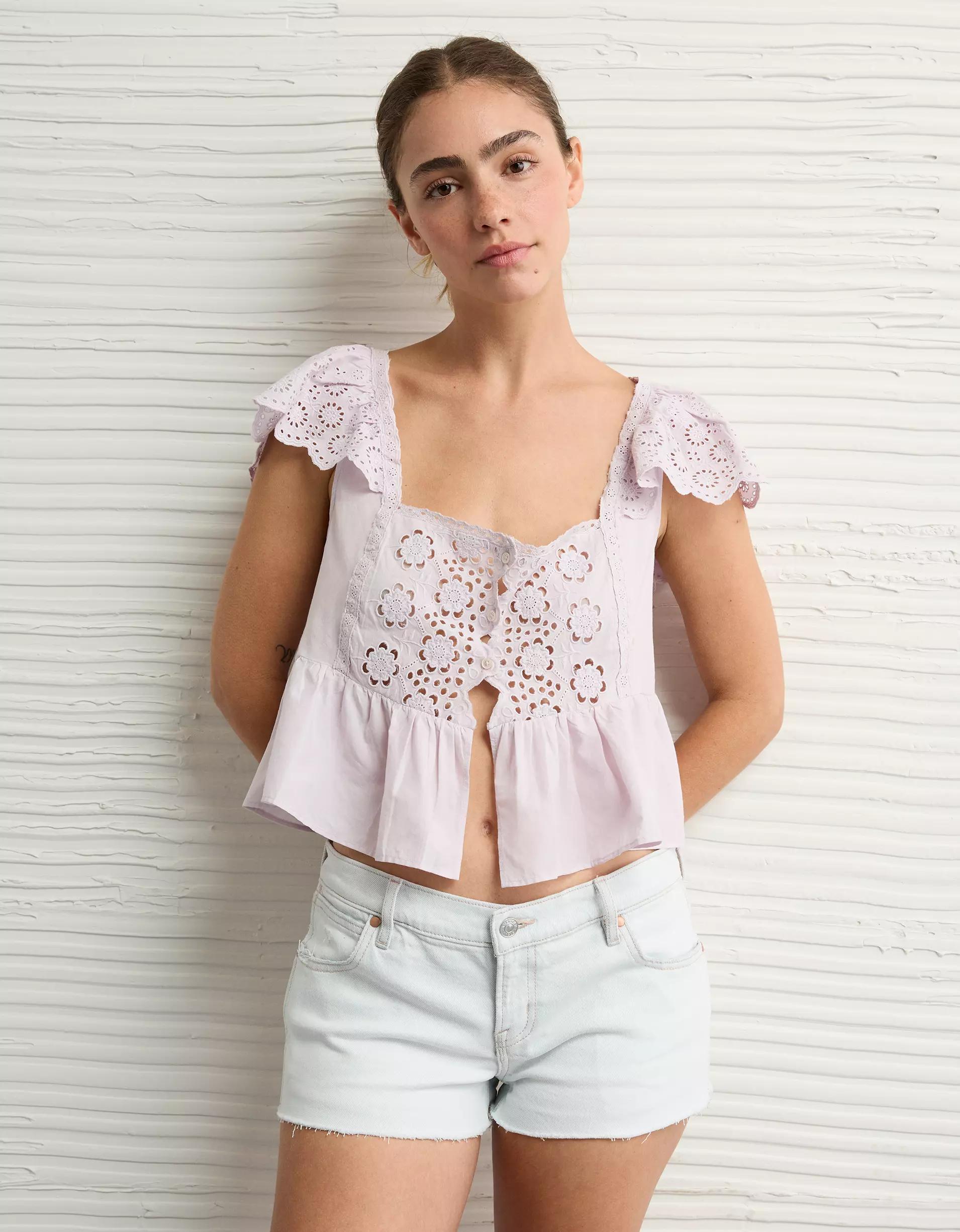 AE Cap Sleeve Eyelet Blouse Product Image