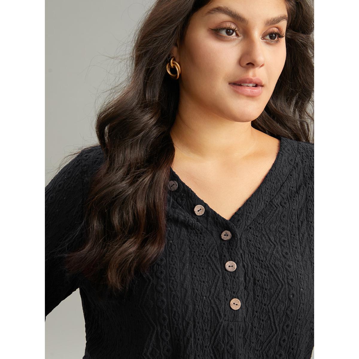 Plus Size Broderie Anglaise Button Detail Jacquard T-shirt Black Women Elegant Texture Plain V-neck Dailywear T-shirts BloomChic 28/5X Product Image