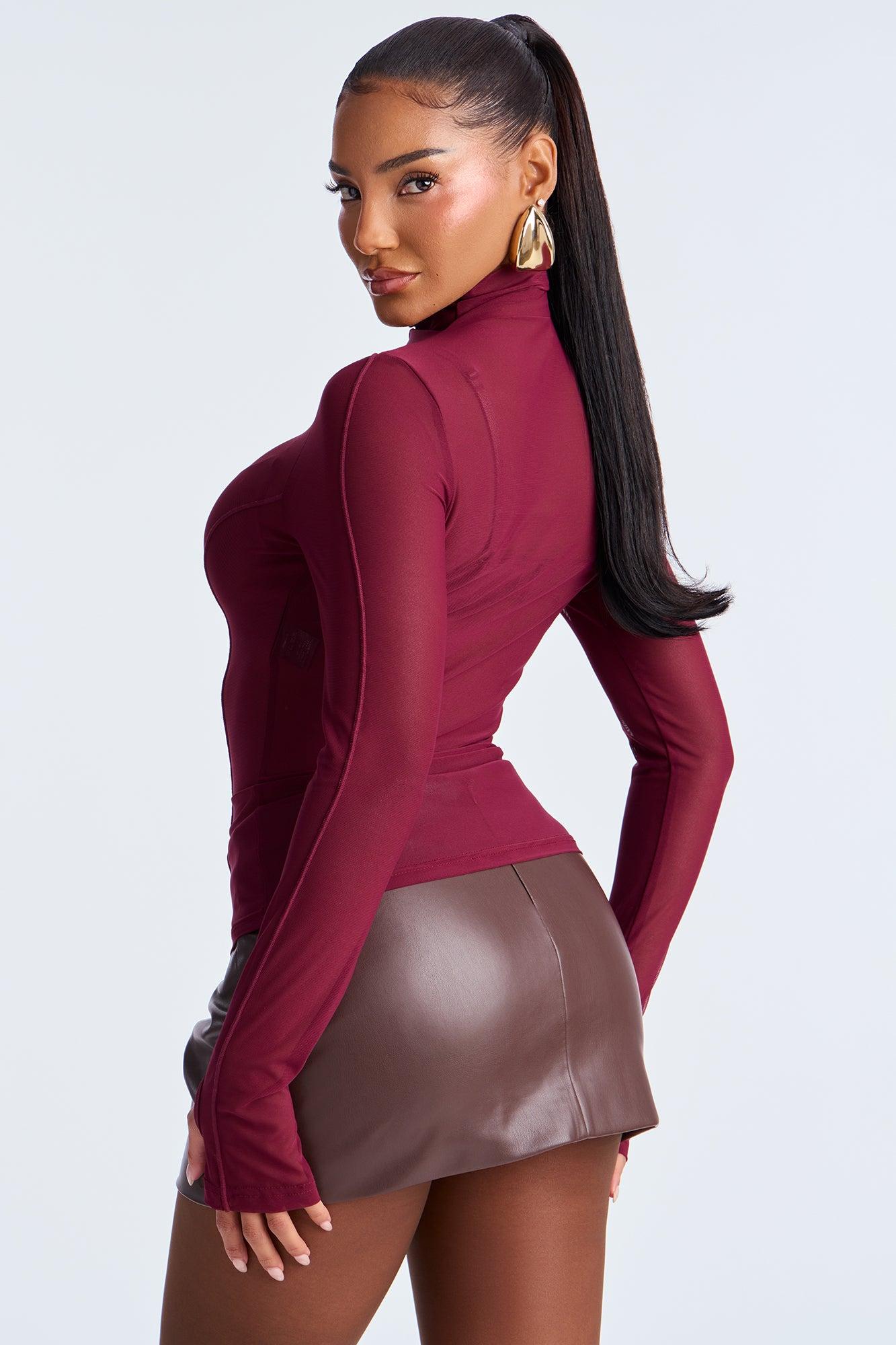 Power Mesh Mock Neck Long Sleeve Top - Wine Product Image