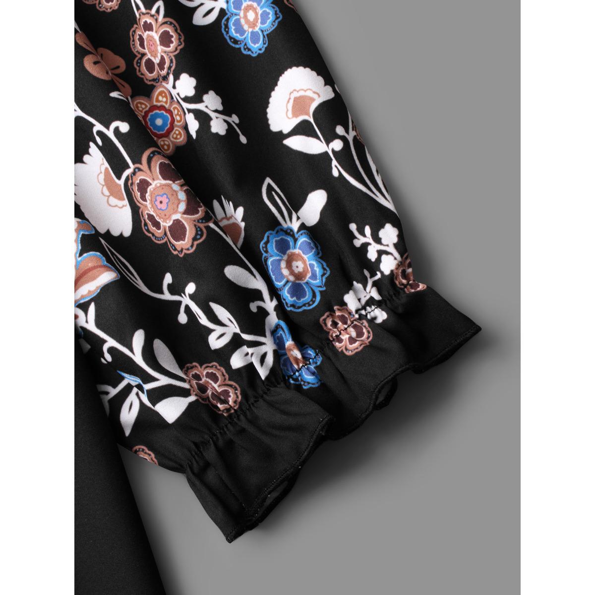 Plus Size Black Floral Puffy Sleeve V-Neck Blouse Women Elegant Long Sleeve Notched collar Everyday Blouses BloomChic 22-24/3X Product Image