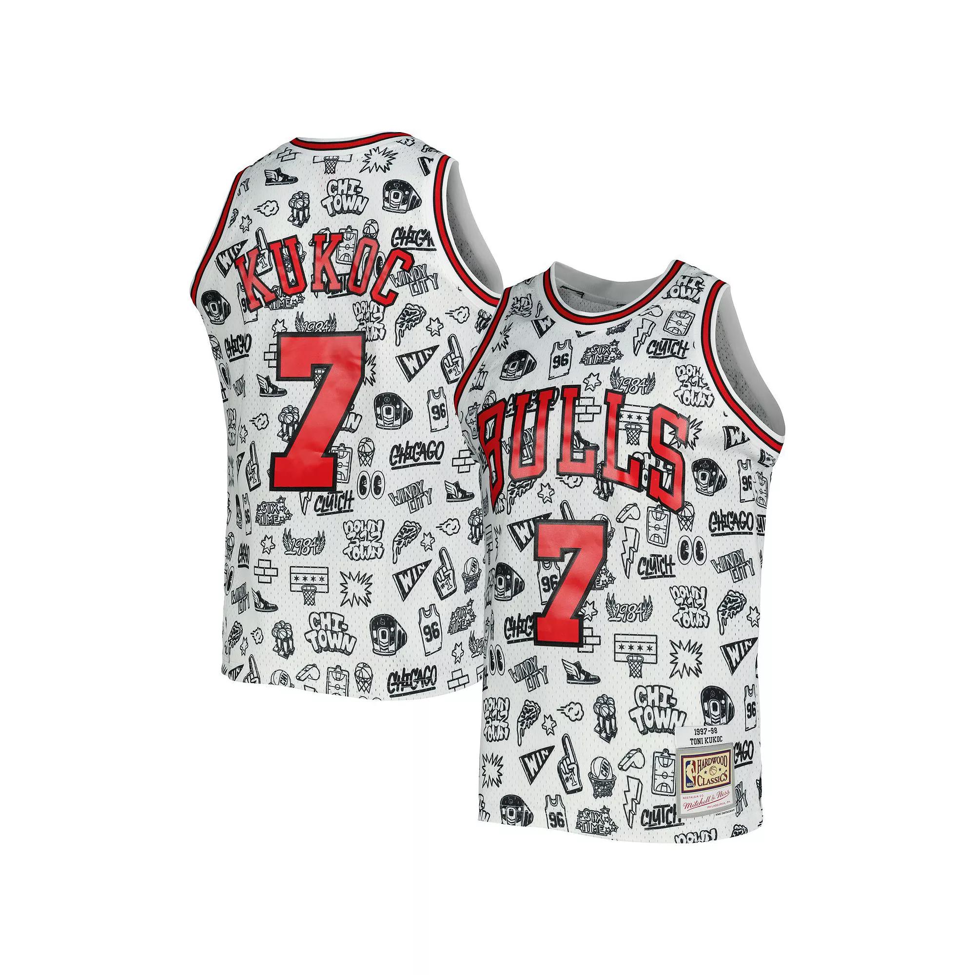 Men's Mitchell & Ness Toni Kukoc White Chicago Bulls 1997-98 Hardwood Classics Doodle Swingman Jersey, Size: Small Product Image