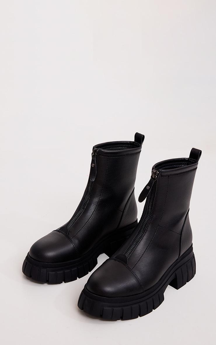 Black Ribbed Chunky Sole Zip Up Ankle Boots Product Image