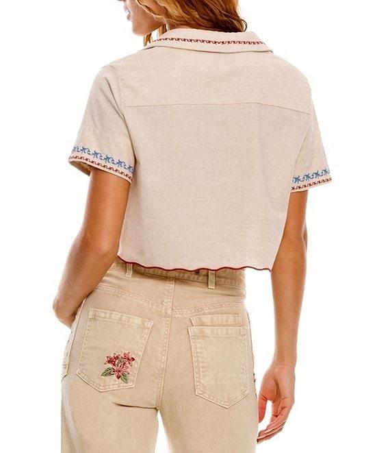 Agua Bendita Itsy Blush Floral Embroidered Notch Collar Short Sleeve Crop Shirt Product Image