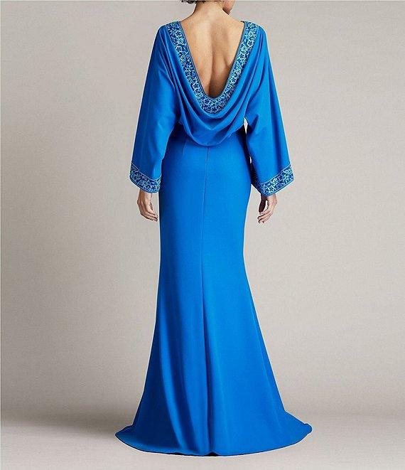 Tadashi Shoji Crepe Embroidered Trim Boat Neck Dolman Long Sleeve Deep Cowl Back Gown Product Image