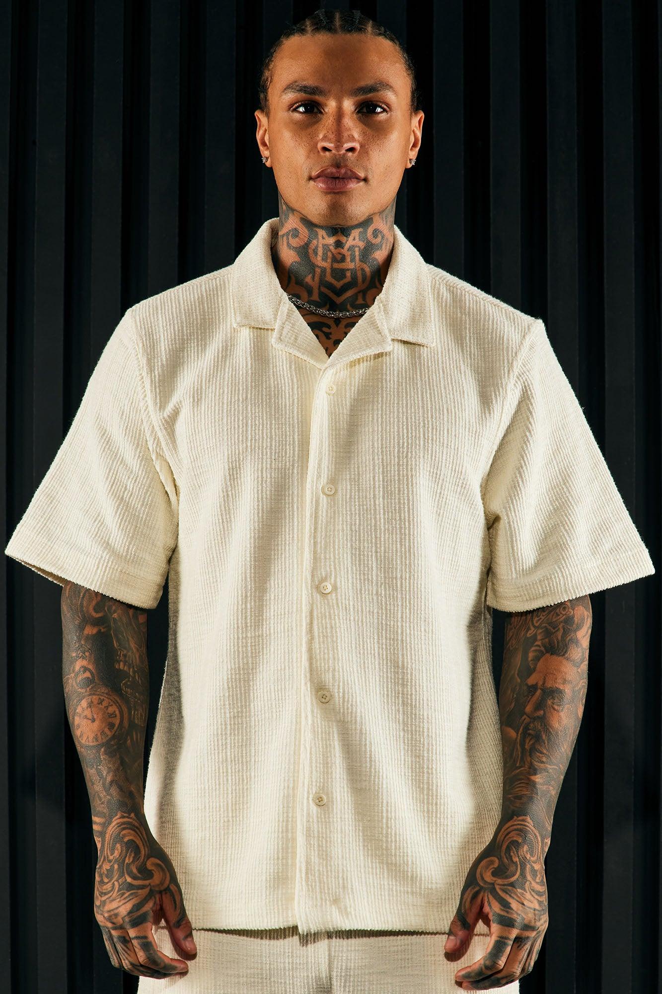 Dean Textured Short Sleeve Button Up Shirt - Cream Product Image