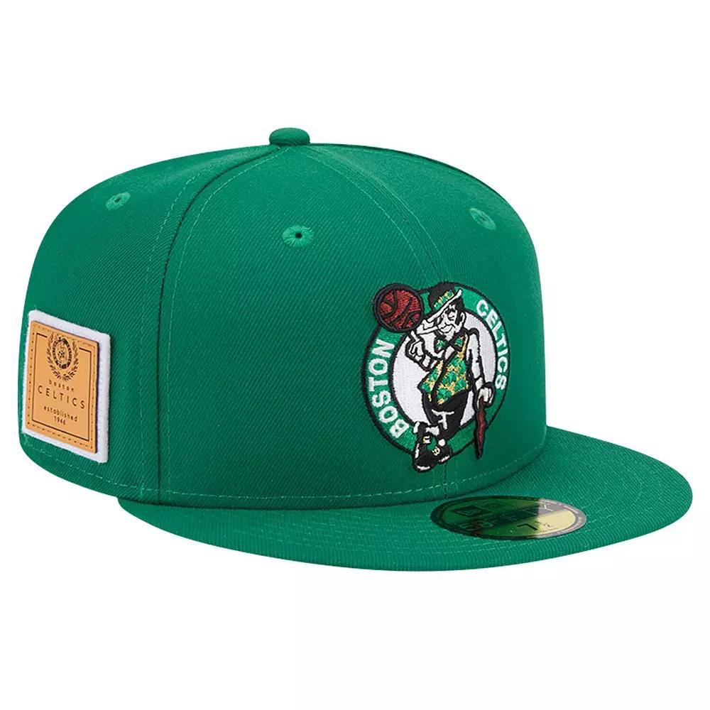 Men's New Era Kelly Green Boston Celtics Court Sport Leather Applique 59FIFTY Fitted Hat,  Product Image
