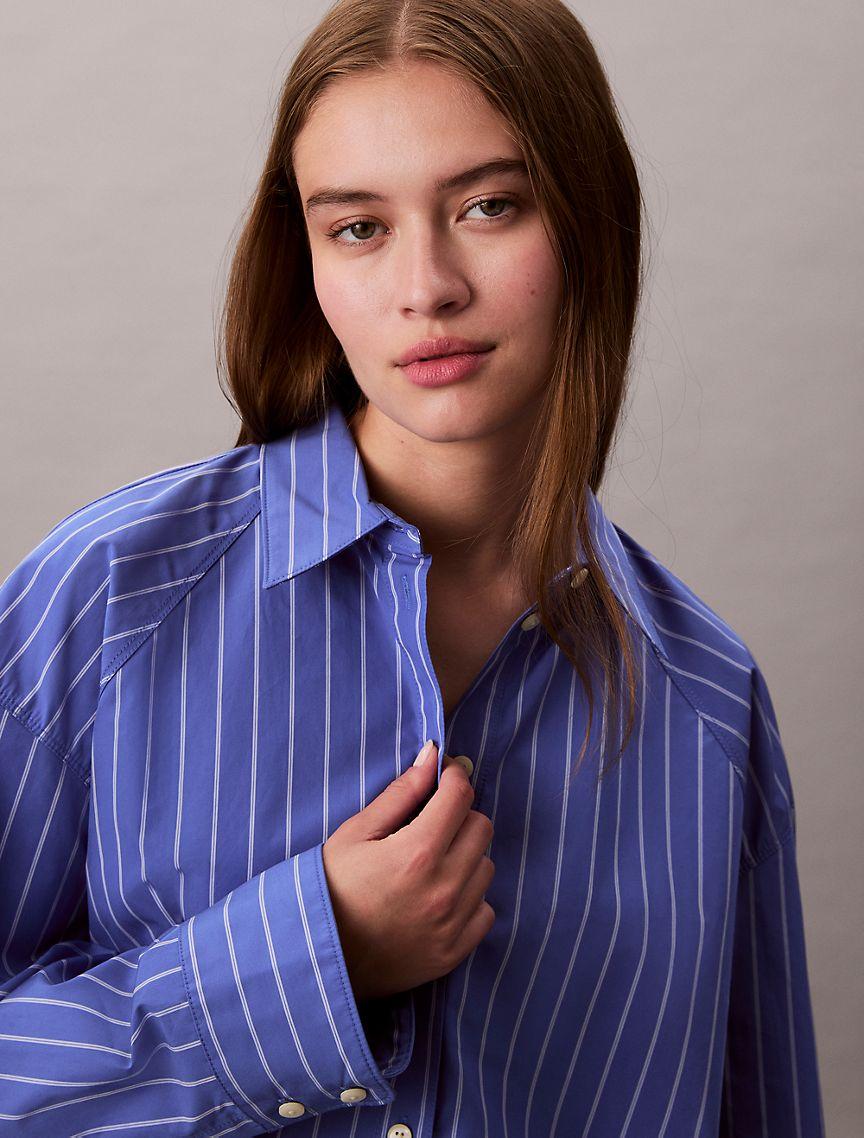 Stripe Cropped Boxy Button-Down Shirt  Product Image