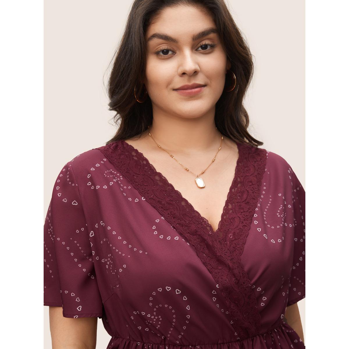 Plus Size Scarlet Heart Lace Patchwork Wrap Elastic Waist Blouse Women Elegant Short sleeve Overlap Collar Everyday Blouses BloomChic 26/4X Product Image