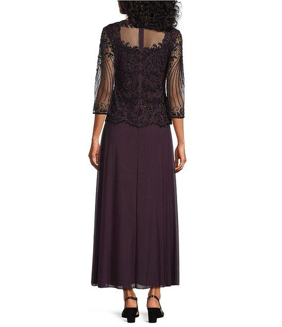 Pisarro Nights Beaded Illusion Boat Neck 3/4 Sleeve A-Line Dress Product Image