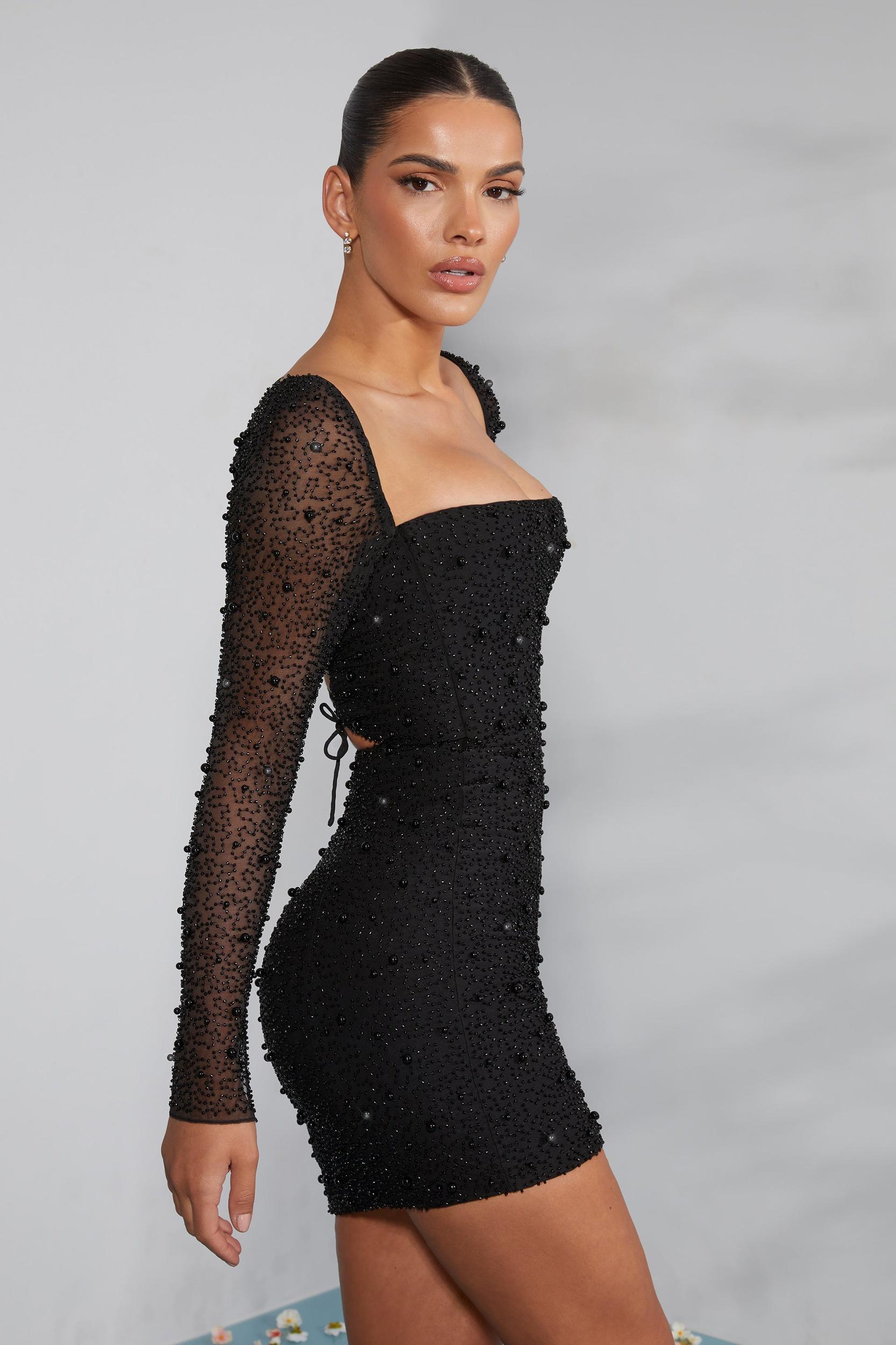 Long Sleeve Embellished Corset Mini Dress in Black Product Image