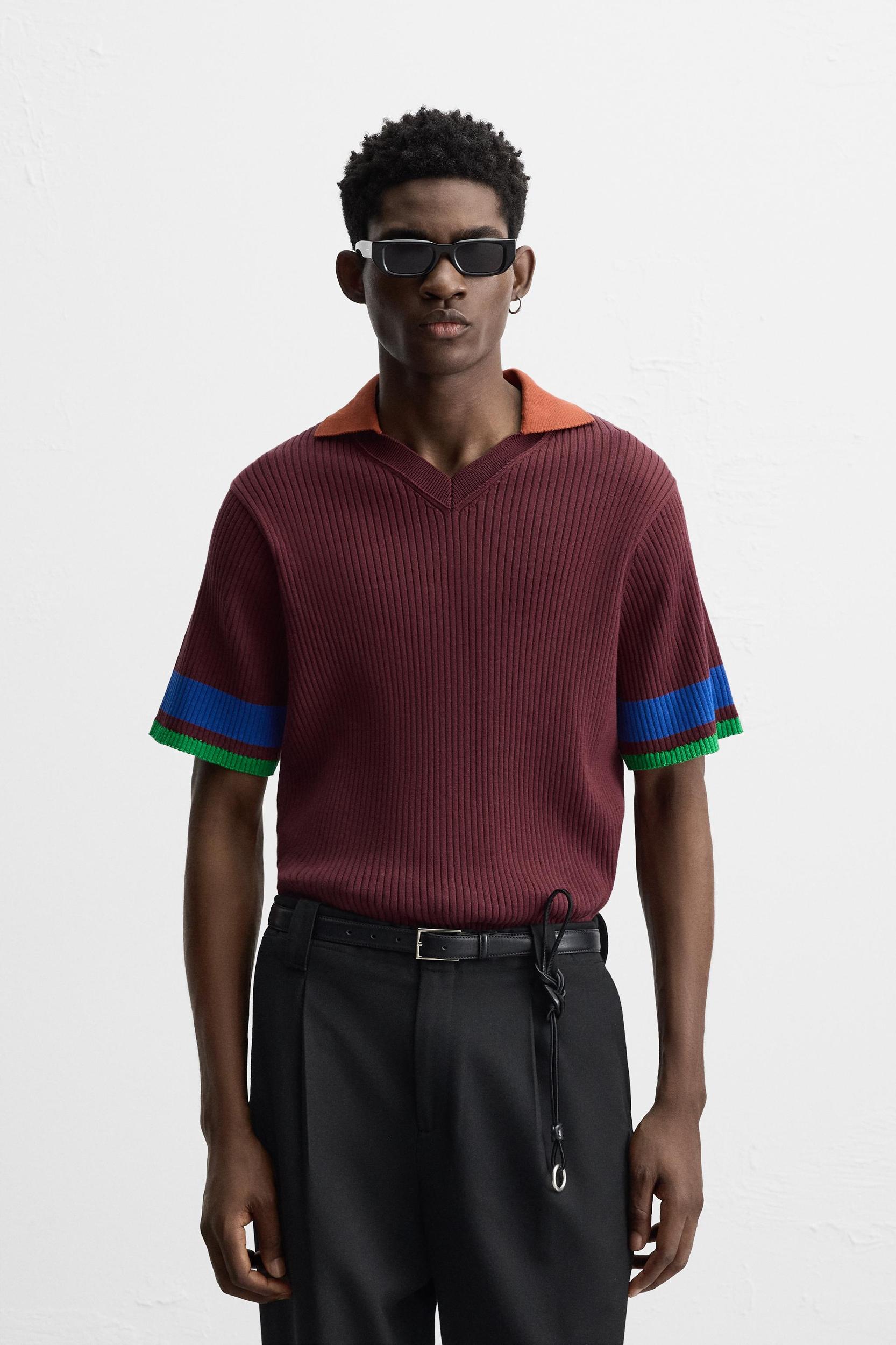 COLOR BLOCK RIBBED KNIT POLO SHIRT Product Image