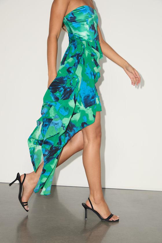 Demia Green and Blue Abstract Strapless Sash Mini Dress Product Image