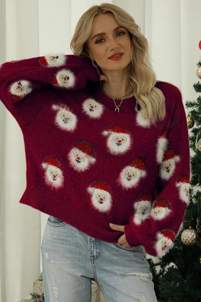 Women Furry Christmas Santa Printing Knit Sweater Product Image