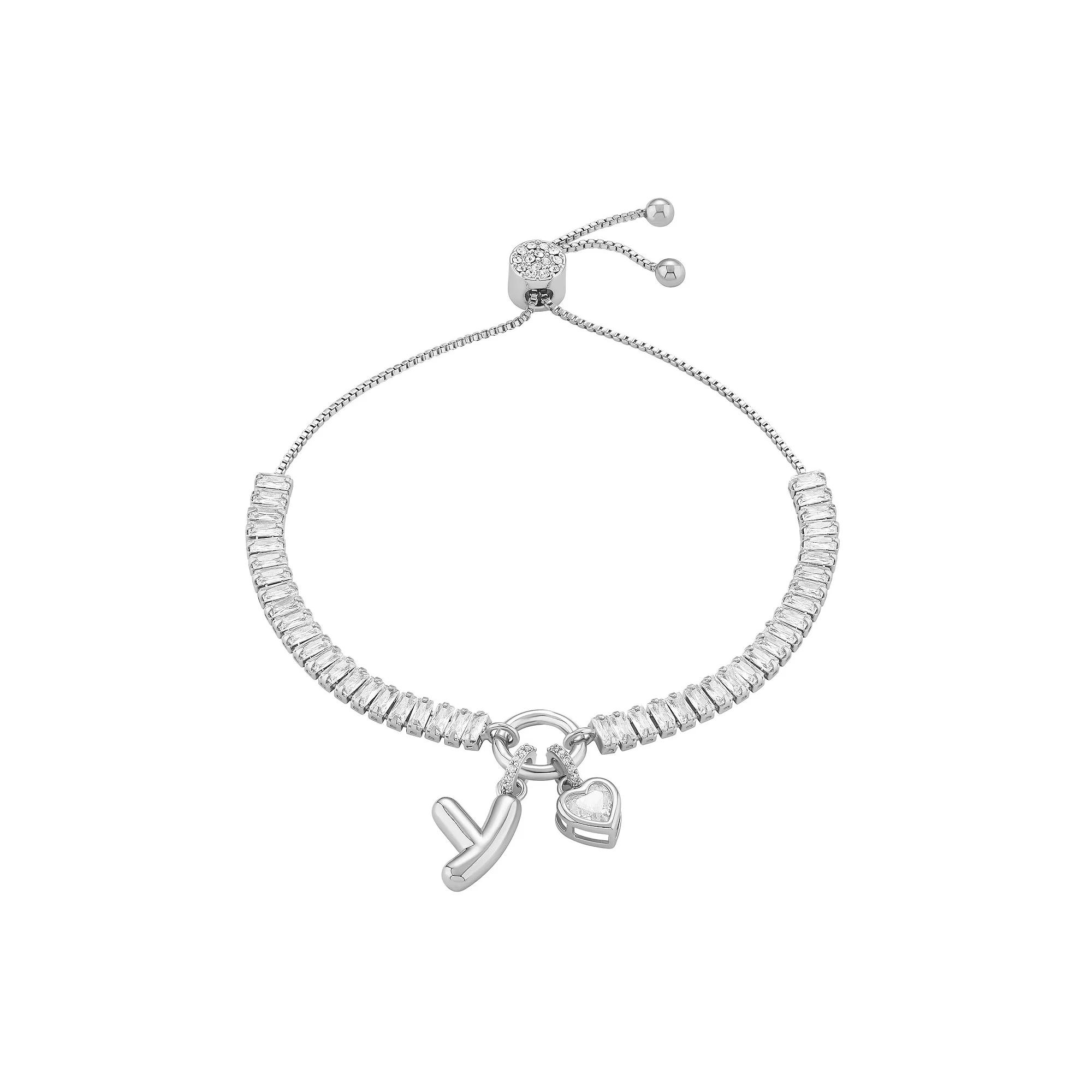 Brilliance Cubic Zirconia Heart & Polished Bubble Initial Charm Adjustable Bracelet, Women's, Size: 4-10" ADJ, Silver Tone Y Product Image