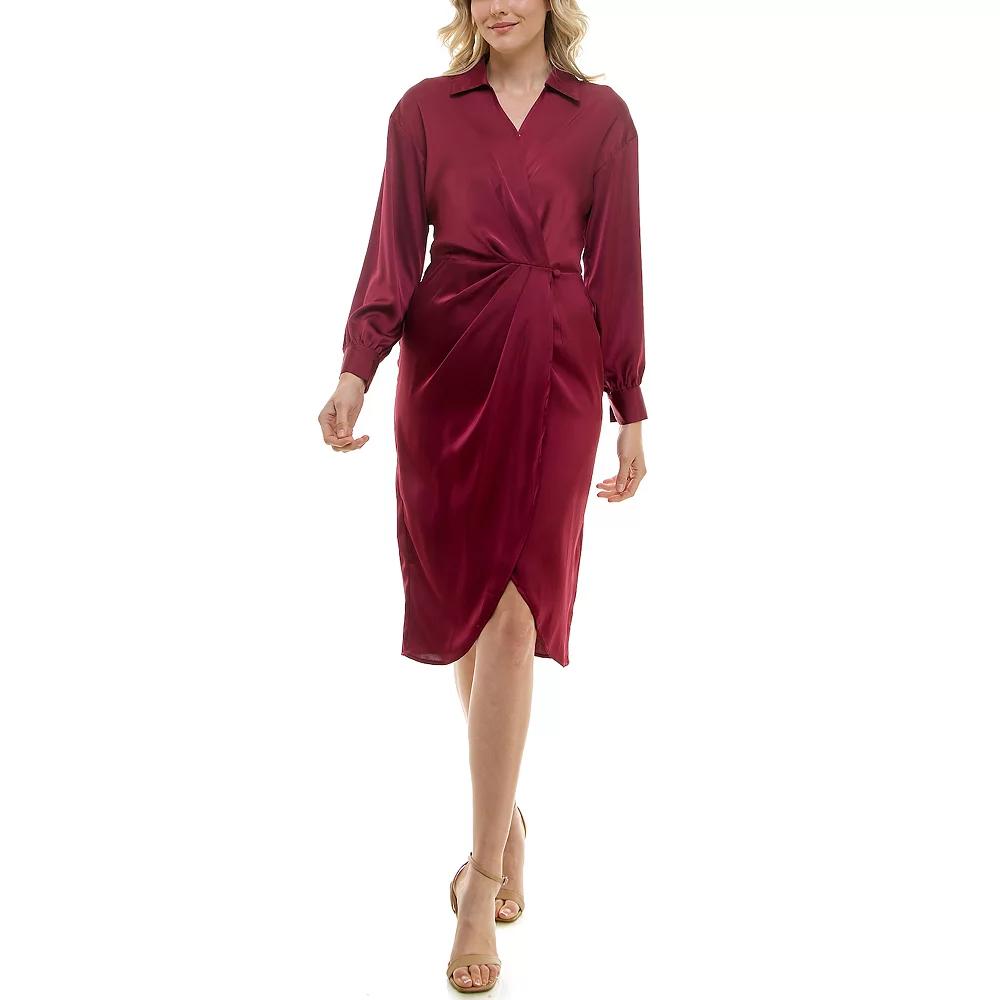 Women's Nicole Miller Faux Wrap Satin Shirt Dress, Size: 4, Rich Red Product Image