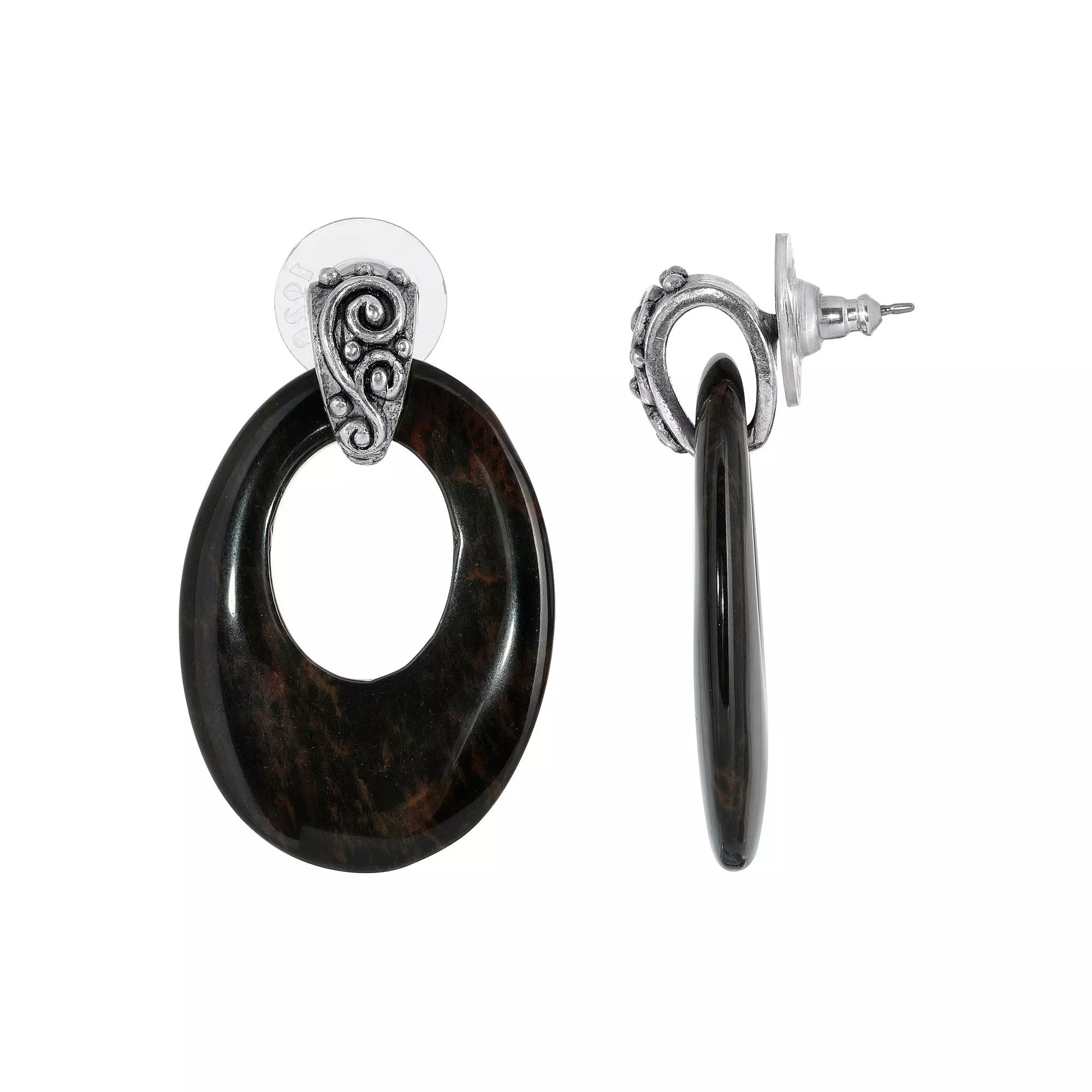 1928 Pewter Stone Oval Doorknocker Drop Earrings, Womens, Brown Product Image