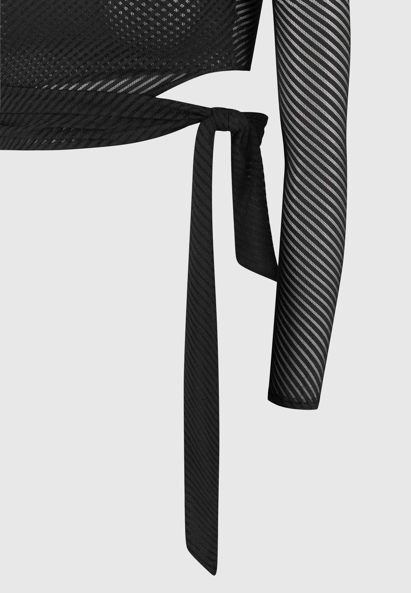 Ribbed Sheer Top with Tie - Black Female Product Image