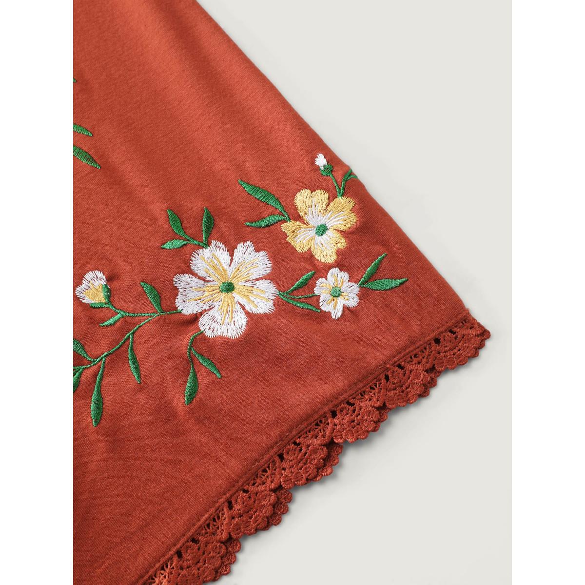Plus Size Floral Embroidered Lace Knit T-Shirt OrangeRed Women Boho V-neck Vacation T-shirts BloomChic 22-24/3X Product Image