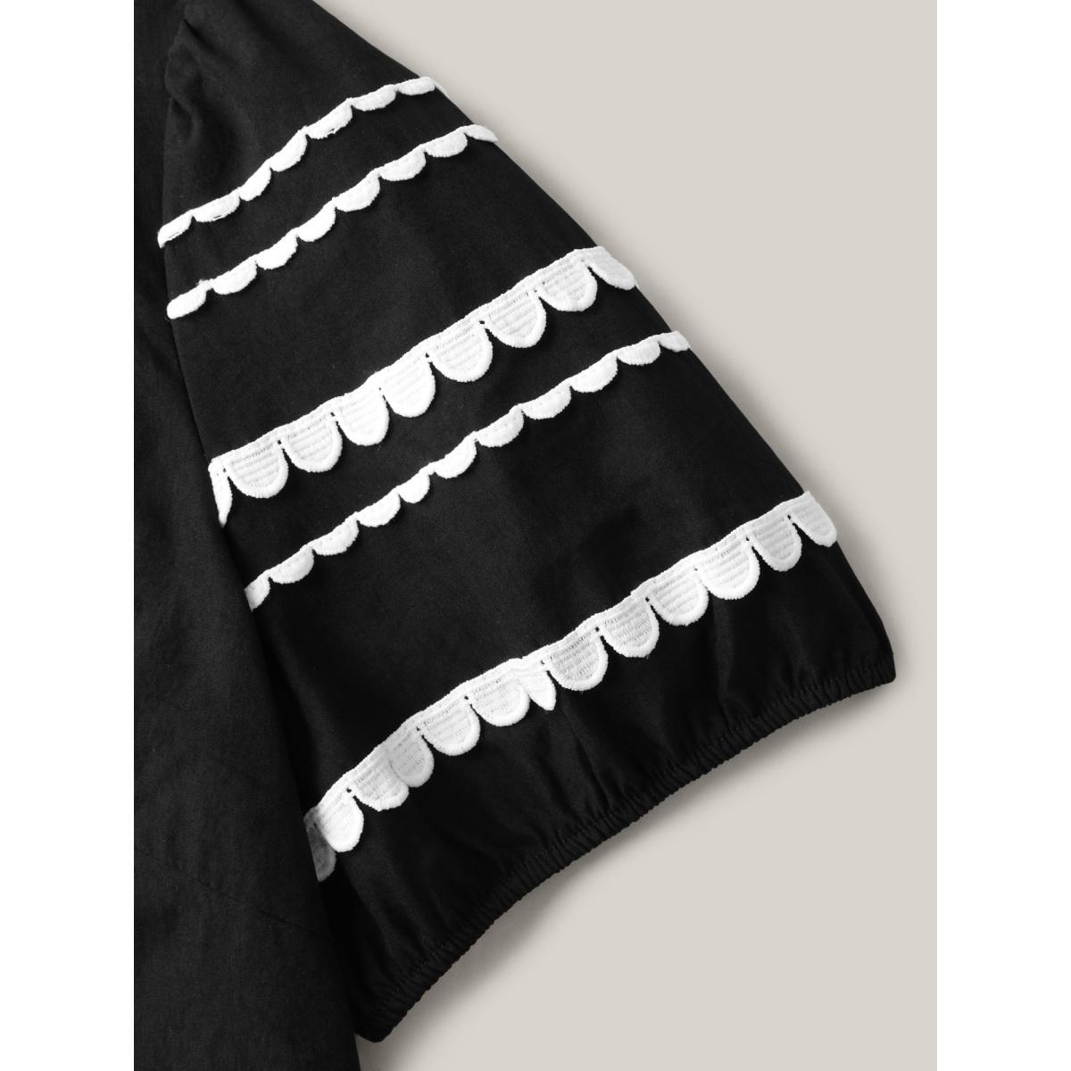 Plus Size Black Color Contrast Sleeve Relaxed Blouse Women Short sleeve Round Neck Work Blouses BloomChic 14-16/1X Product Image