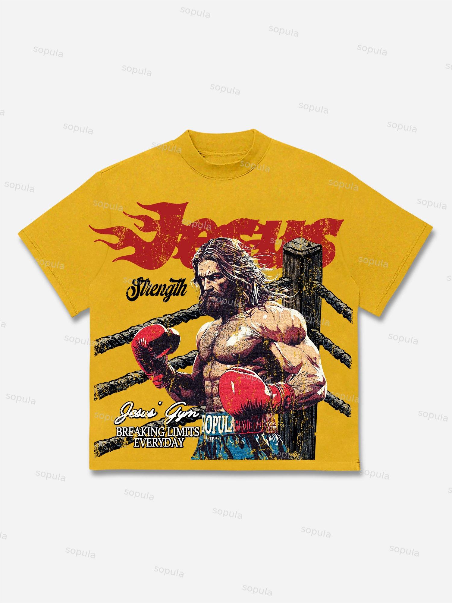 Jesus' Gym Boxer Graphic Print Cotton T-shirt Product Image