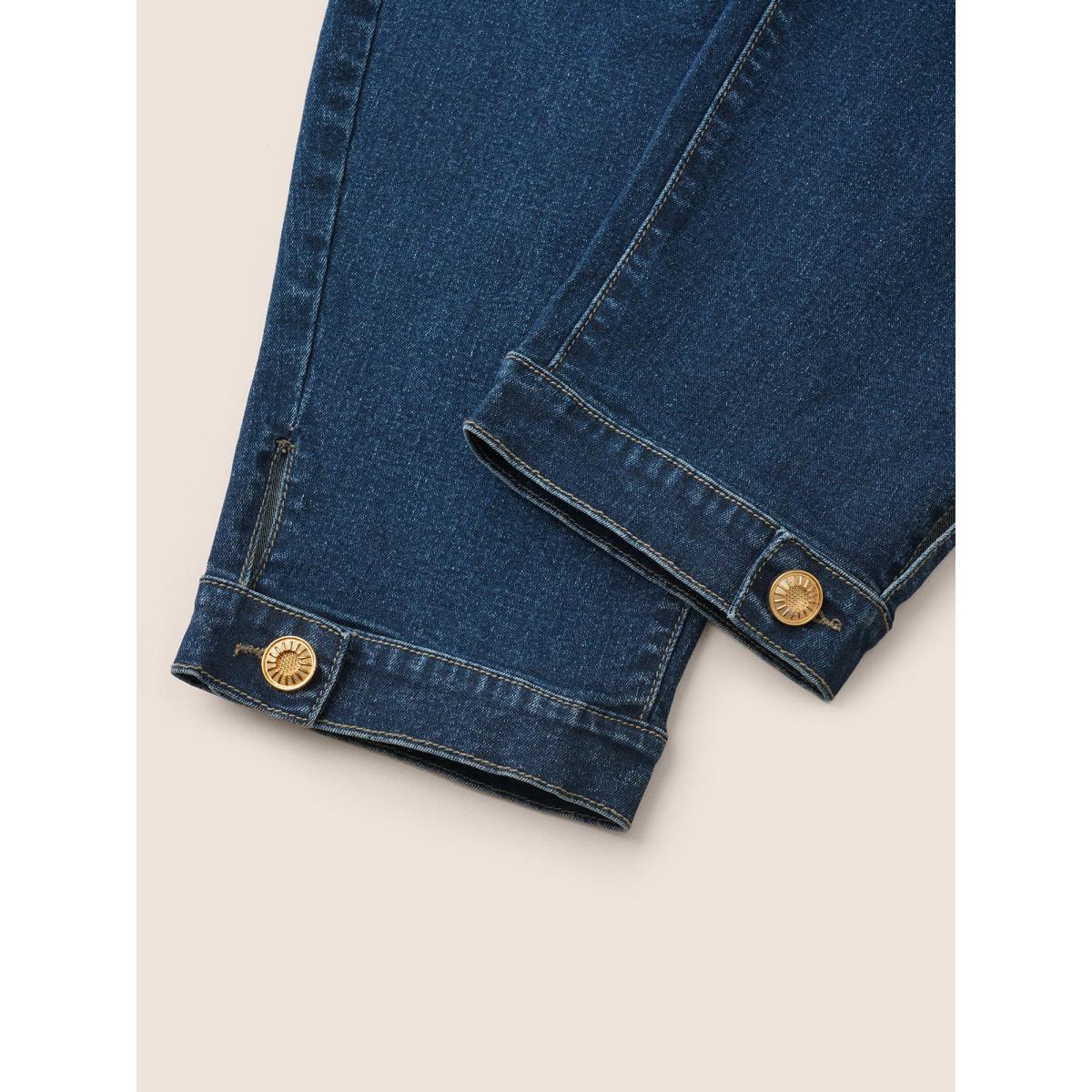 Plus Size Dark Wash Button Detail Split Hem Tapered Jeans Women Blue Casual Plain Non High stretch Slanted pocket Jeans BloomChic 14/1X Product Image