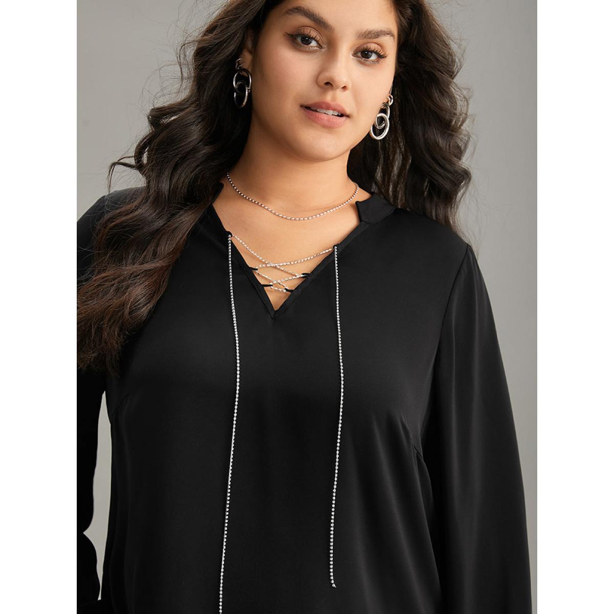Plus Size Black Anti-Wrinkle Lace Up Chain Detail Lantern Sleeve Blouse Women Office Long Sleeve Tie Neck Party Blouses BloomChic 18-20/2X Product Image