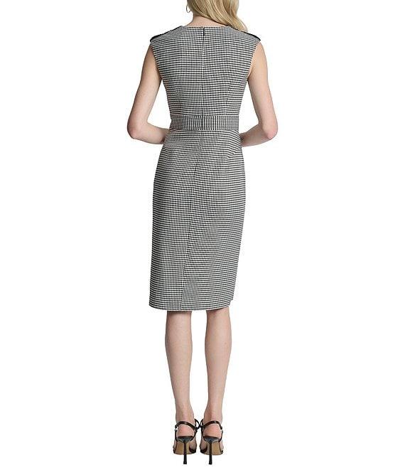 DKNY by Donna Karan Houndstooth Split V-Neck Sleeveless Square Ring Trim Sheath Dress Product Image