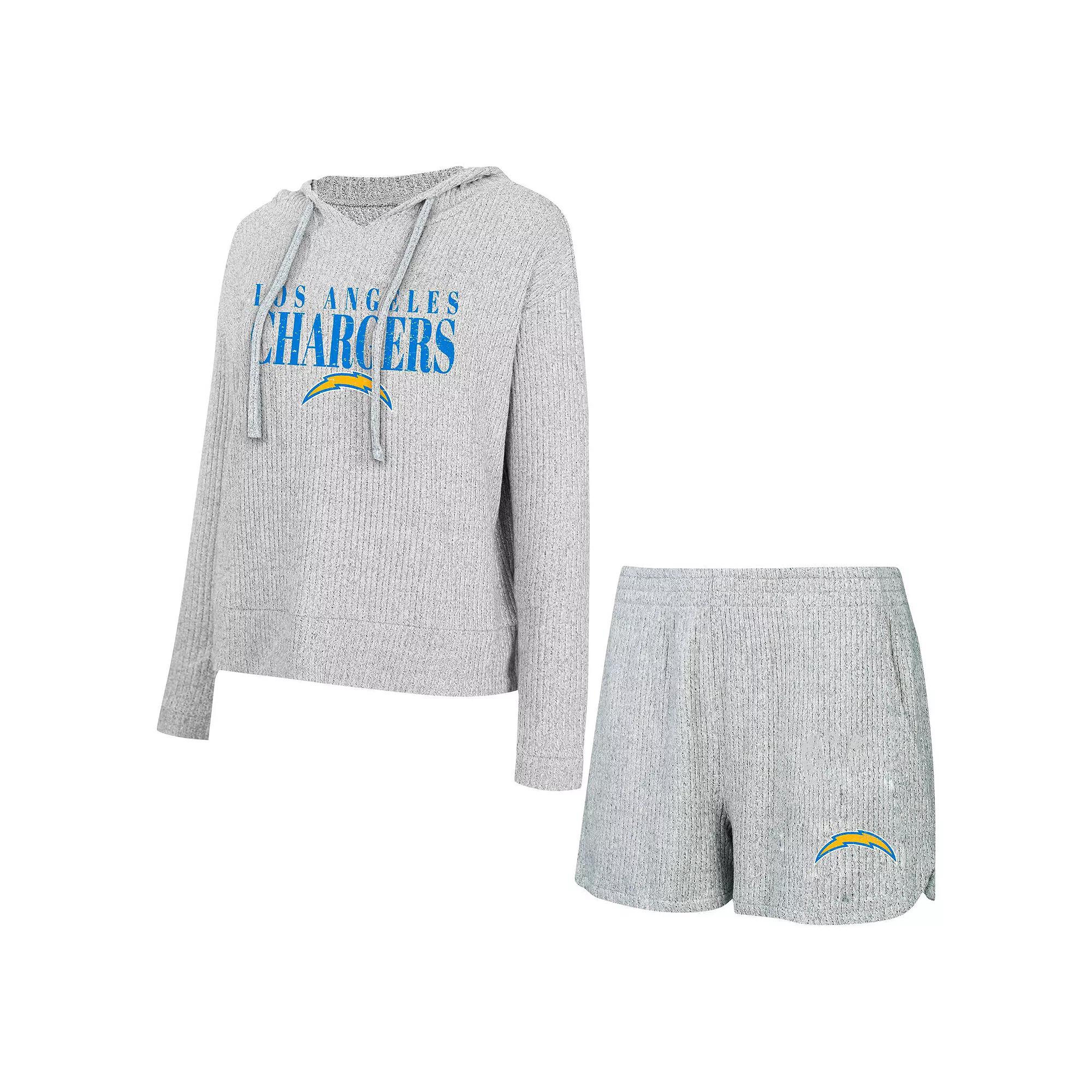 Women's Concepts Sport Gray Los Angeles Chargers Juniper Long Sleeve Hoodie T-Shirt & Shorts Set, Size: Medium, Grey Product Image