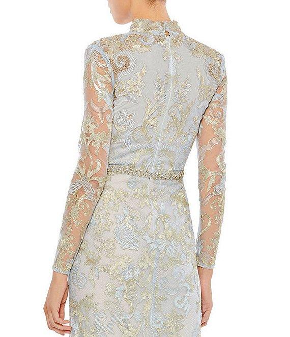 Mac Duggal Sheer Long Sleeve Deep V-Neck Applique A-Line Gown Product Image